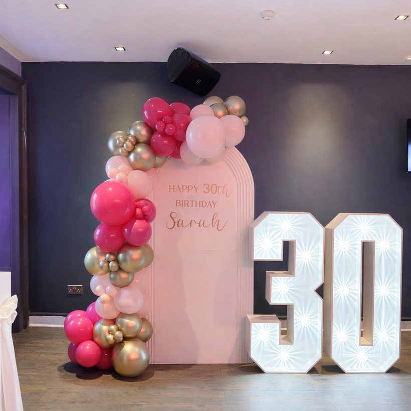 Light-up 30 numbers with a blush and gold balloon arch