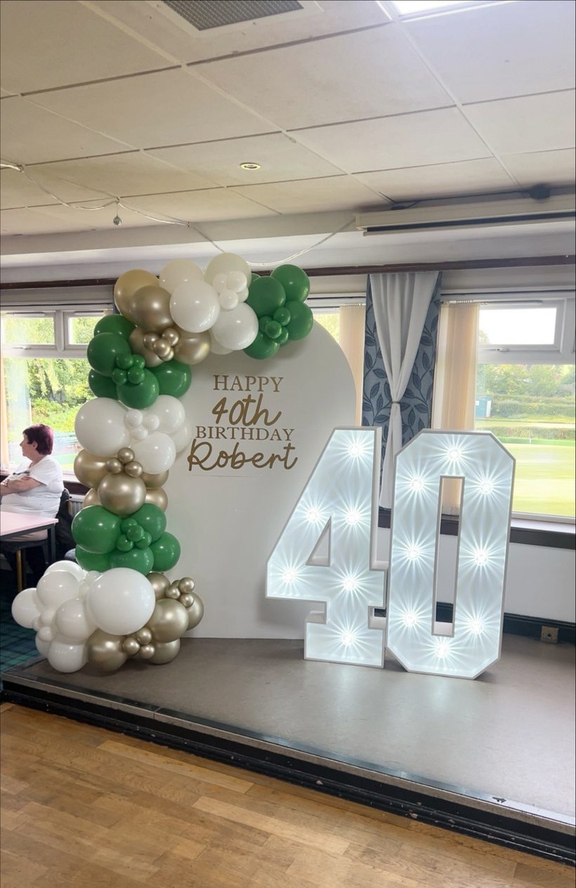 Light-up 40 numbers with a green and gold balloon display