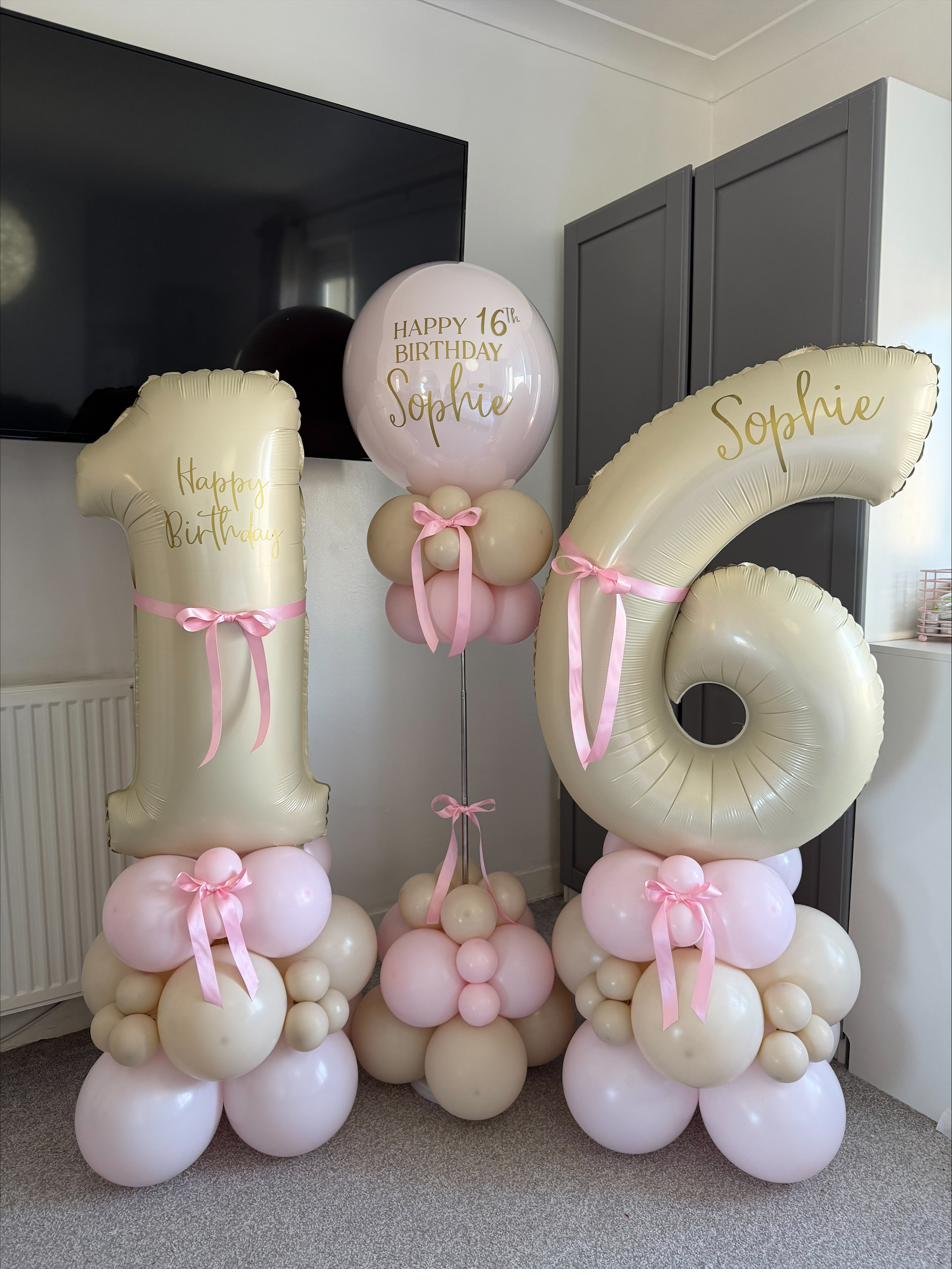 Cream and pink 16th birthday balloon column